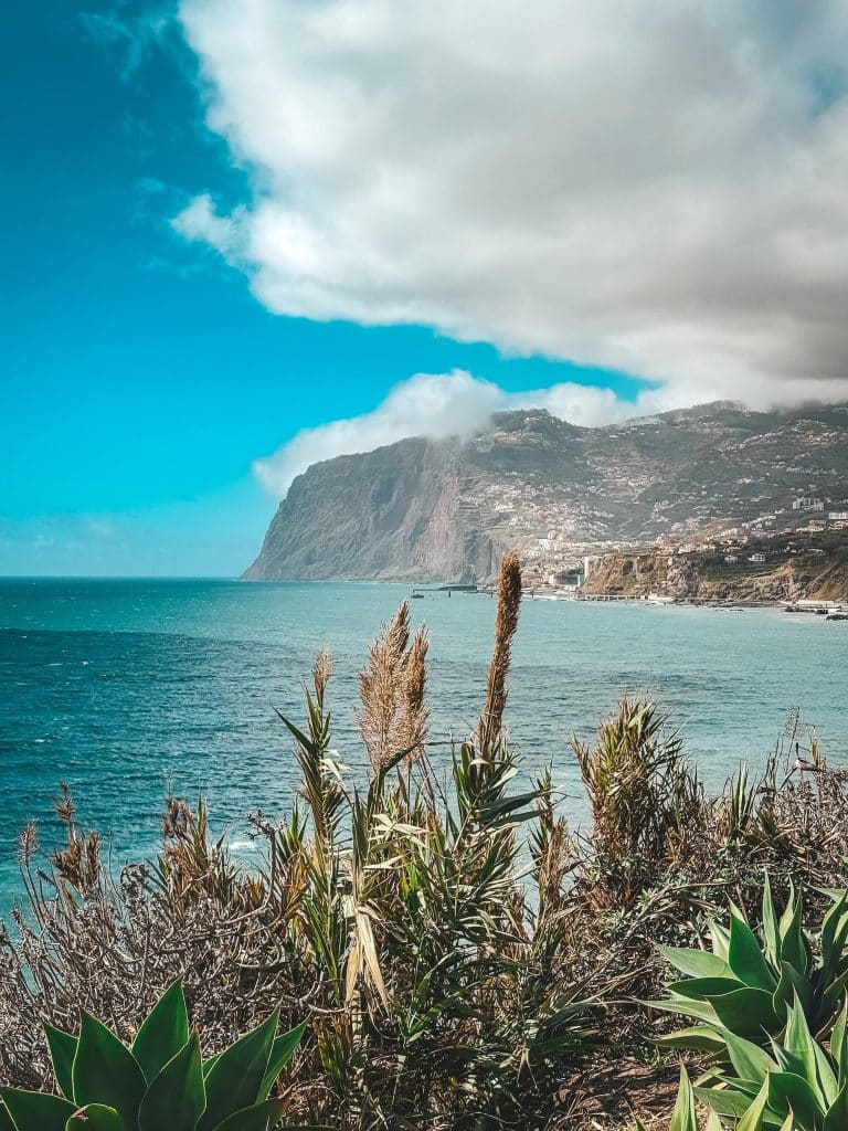 Die mächtige Klippe Cabo Girão über einem türkisfarbenen Ozean, teils in Wolken, im Vordergrund Pflanzen, am Hang Gebäude.