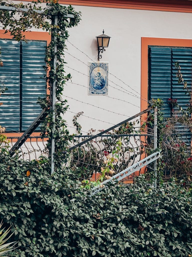 Ein weißes Haus mit Azulejos und einer efeubewachsenen Balustrade in Funchal