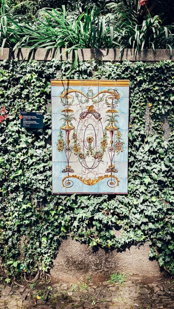 Ein Bild aus traditionellen portugiesischen Azulejos mit Blumenmuster in einer efeubewachsenen Mauer im Monte Palace. Foto: Ewelina Podrez-Siama 2025