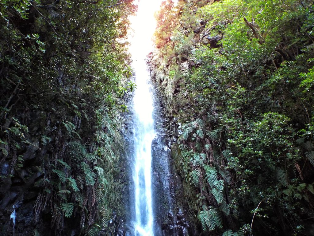 Wasserfall über eine bemooste Felswand bei 25 Fontes