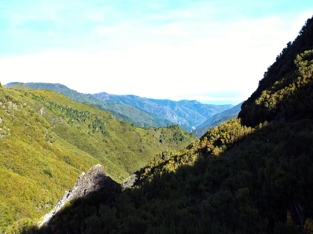Grünes Bergtal vom Weg in Rabaçal aus gesehen