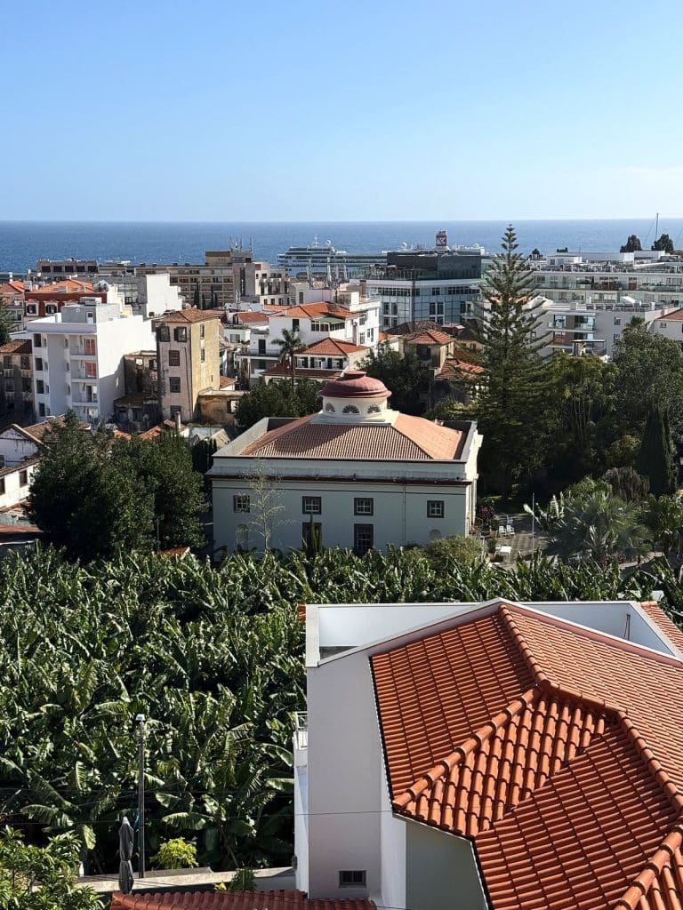 Eine weiße Kirche mit kleiner Kuppel von oben, davor eine Bananenplantage, dahinter Stadthäuser im Zentrum von Funchal und der Ozean