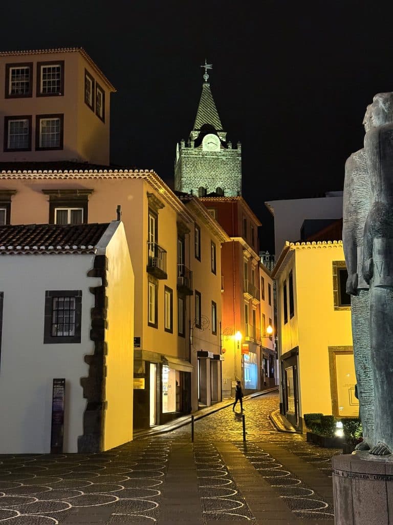 Eine schmale gepflasterte Gasse mit gelben und weißen Stadthäusern im Laternenlicht, an ihrem Ende der beleuchtete Turm der Kathedrale