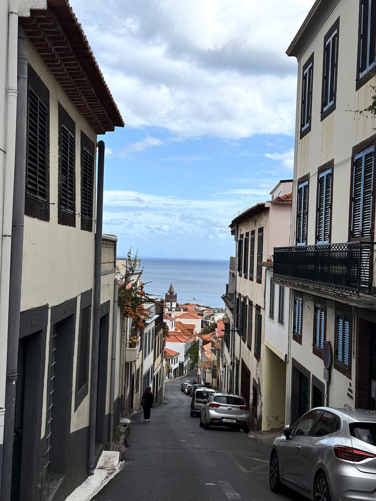 Eine steile Gasse in Funchal, die zum Ozean hinunterführt