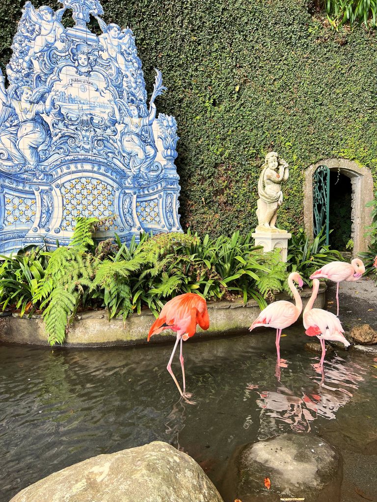 Rosa Flamingos in einem Teich vor einem blau-weißen Azulejo-Bild und einer weißen Statue im Garten des Monte Palace