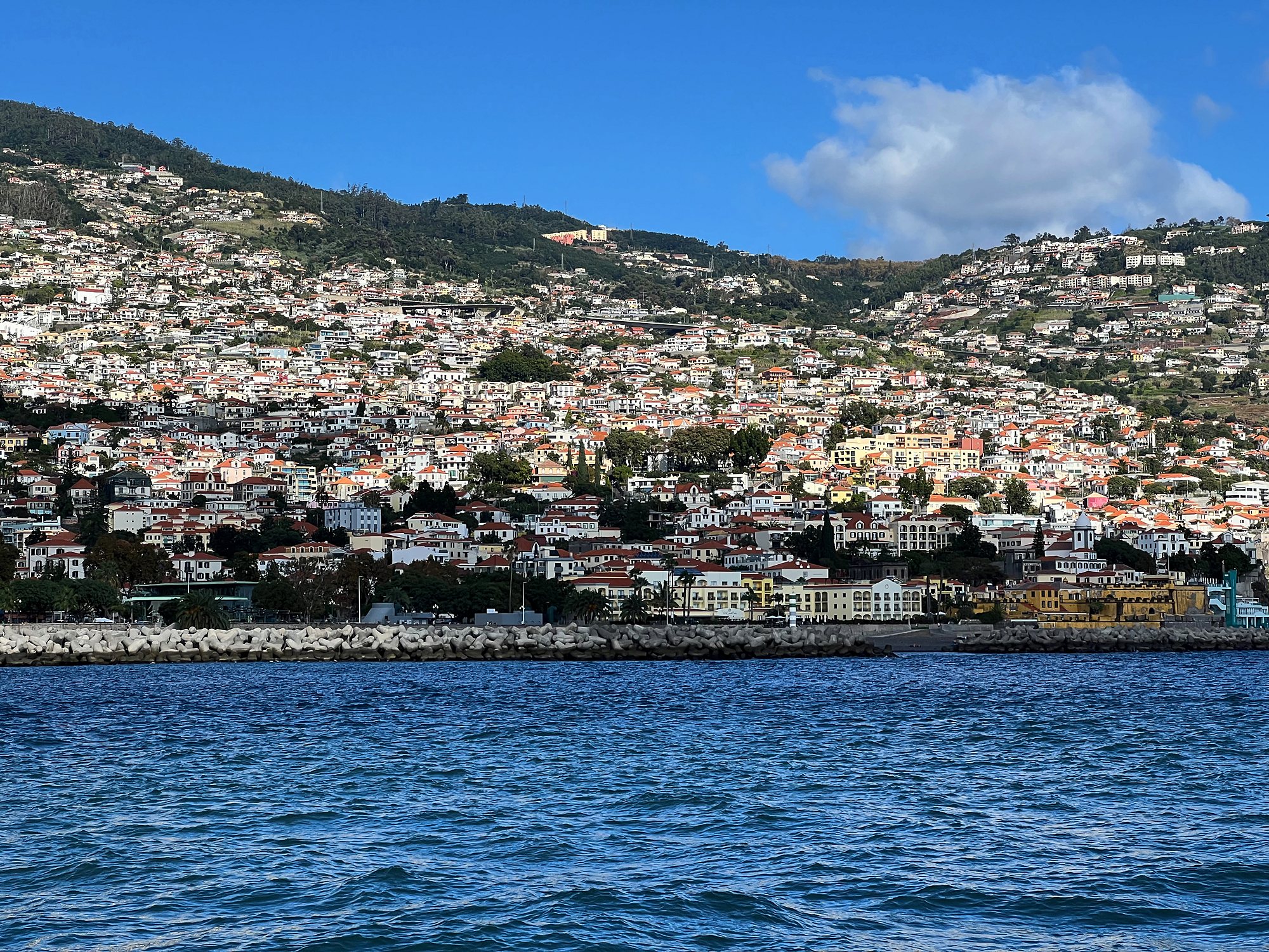 Funchal vom Meer aus: Häuser an den Hängen über der Bucht, blauer Himmel und tiefblaues Meer