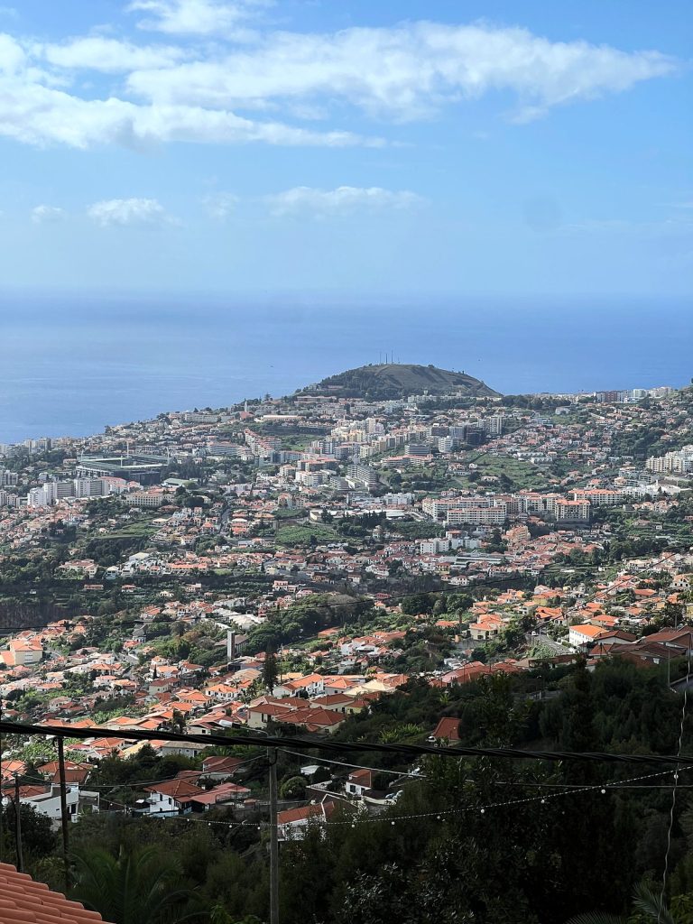 Funchal von weit oben in Monte gesehen, Häuser an den Hängen bis hinunter zum Ozean, in der Ferne ein Hügel über der Bucht, im Vordergrund ein Geländer und Grün