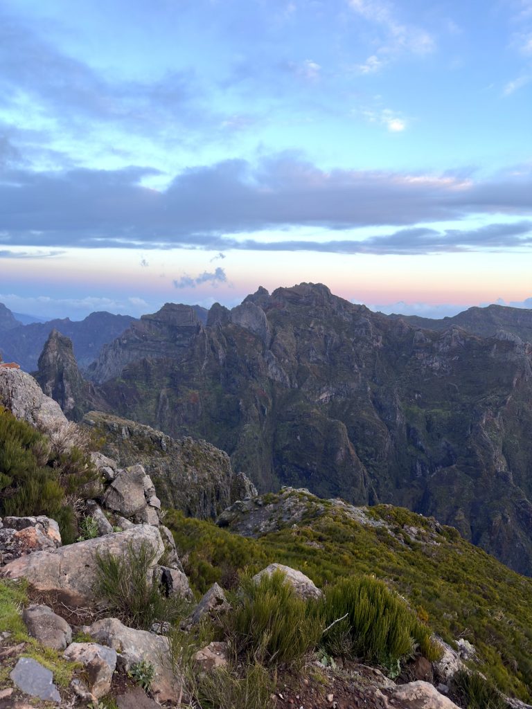 Zerklüftete Gipfel im Zentrum Madeiras im Morgenlicht, vorne Felsen und Sträucher