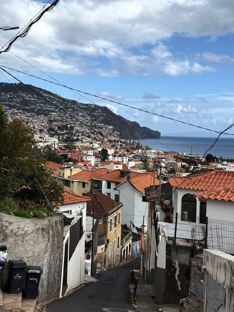 Eine steile Gasse zwischen Häusern mit orangefarbenen Dächern, die zur Bucht von Funchal hinunterführt, darüber Kabel und Wolken
