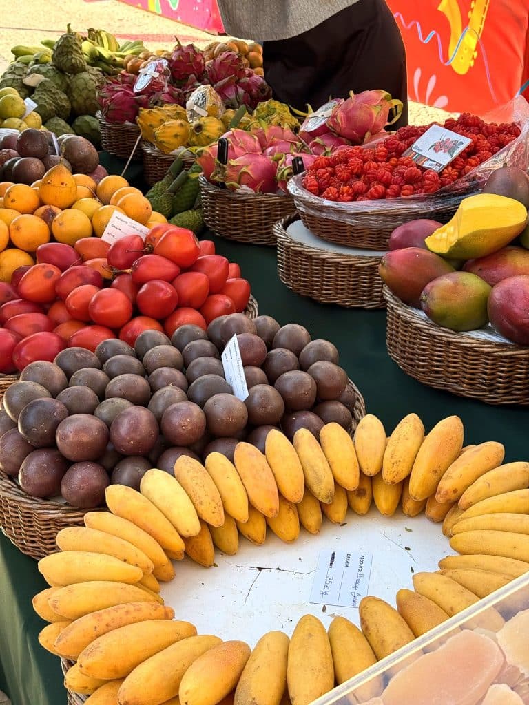 Ein Stand mit Maracujas, Bananen, Mangos und Pitayas in Funchal