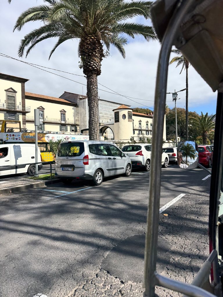 Blick aus einem Tuk-Tuk auf eine Kreuzung und Palmen im Zentrum von Funchal