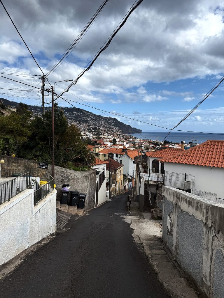 Eine steile, schmale Gasse zwischen weißen Mauern über Funchal, darunter Häuser mit orangefarbenen Dächern, das Meer und die grünen Klippen der Westküste