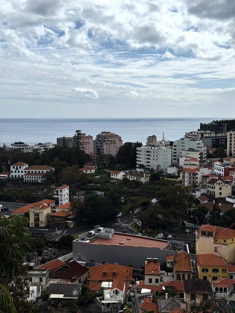 Panorama von Funchal von oben: rote Dächer, Grün zwischen den Häusern, weiße Wohnblocks und das Meer bis zum Horizont unter einem Himmel voller kleiner Wolken