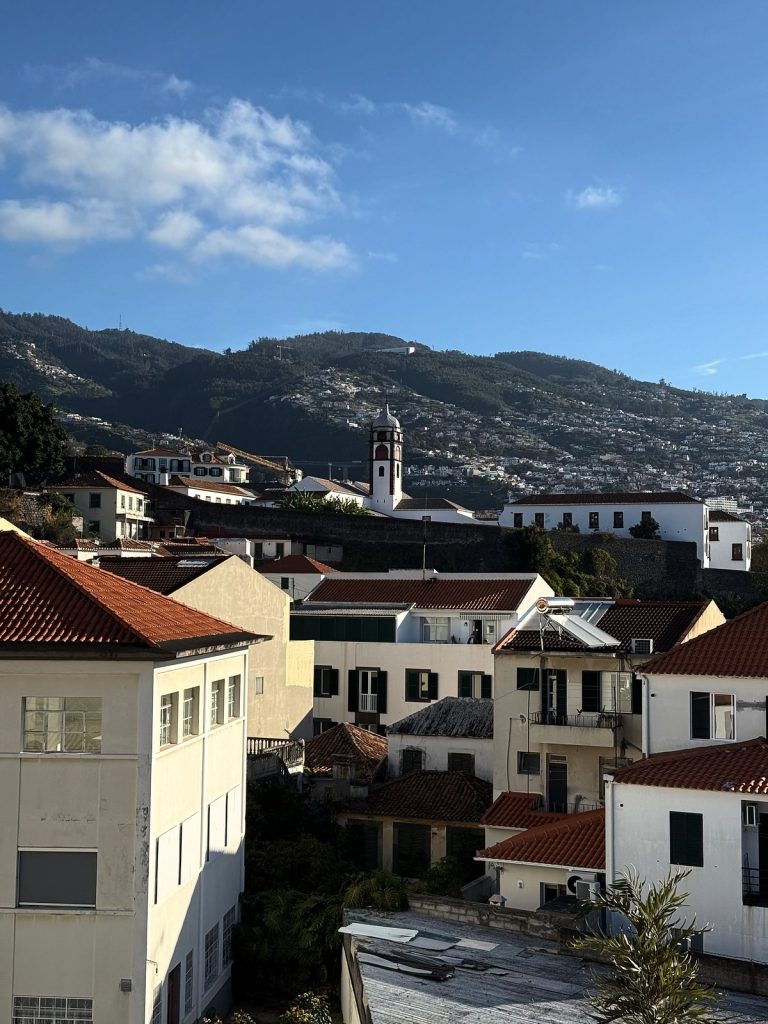 Dächer im Zentrum von Funchal mit einem Kirchturm und grünen Berghängen unter blauem Himmel
