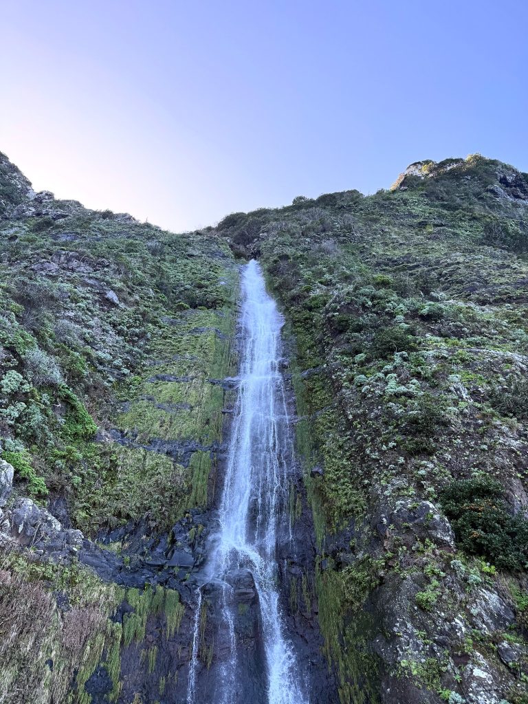 Hoher Wasserfall, der neben der Straße an Madeiras Nordküste eine Felswand hinabläuft