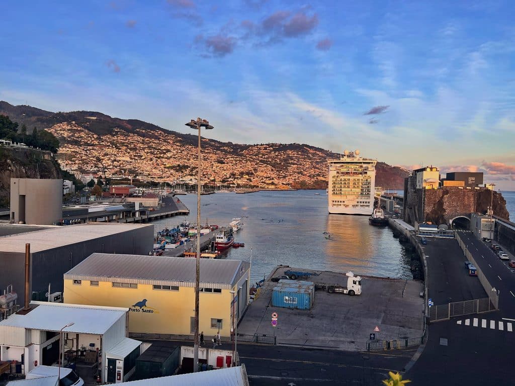 Der Hafen von Funchal mit einem Kreuzfahrtschiff, dahinter die Häuser der Stadt an den Hängen